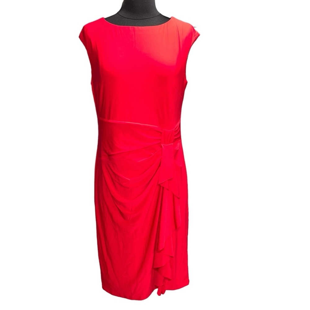 NEW Carmen Marc Valvo Red Sleeveless Shirred Ruffle Waist Jersey Knit Dress M